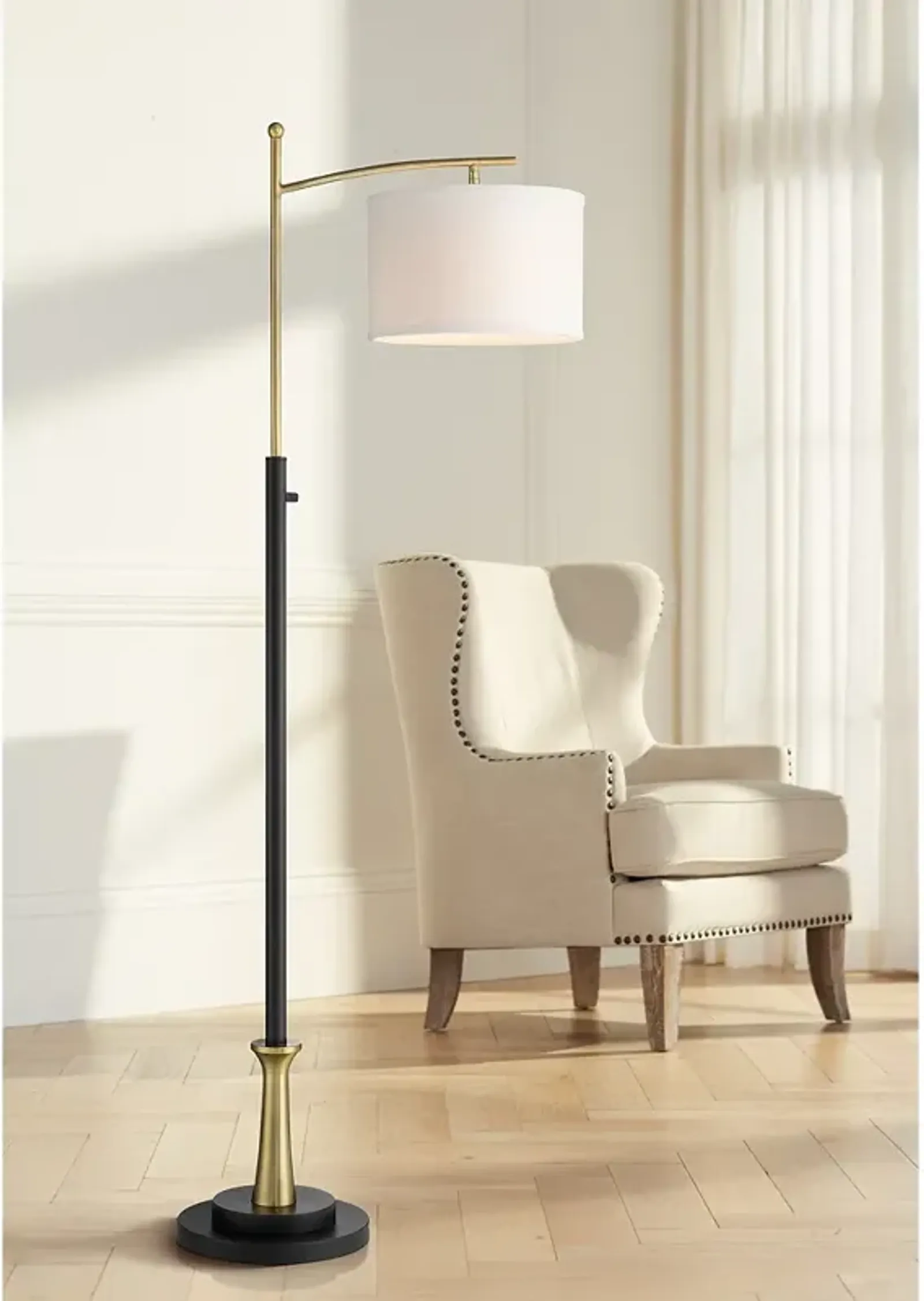 Possini Euro Burbank 64" Black and Brass Downbridge Floor Lamp