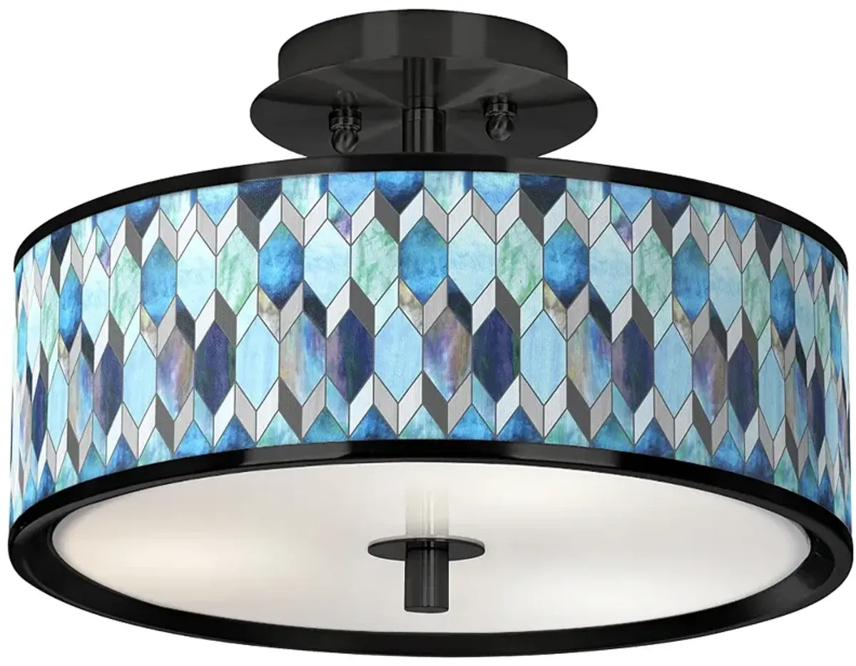 Giclee Glow 14" Wide Blue Tiffany Shade Black Finish Ceiling Light