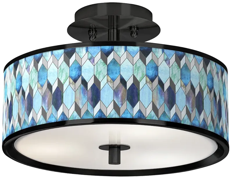 Giclee Glow 14" Wide Blue Tiffany Shade Black Finish Ceiling Light