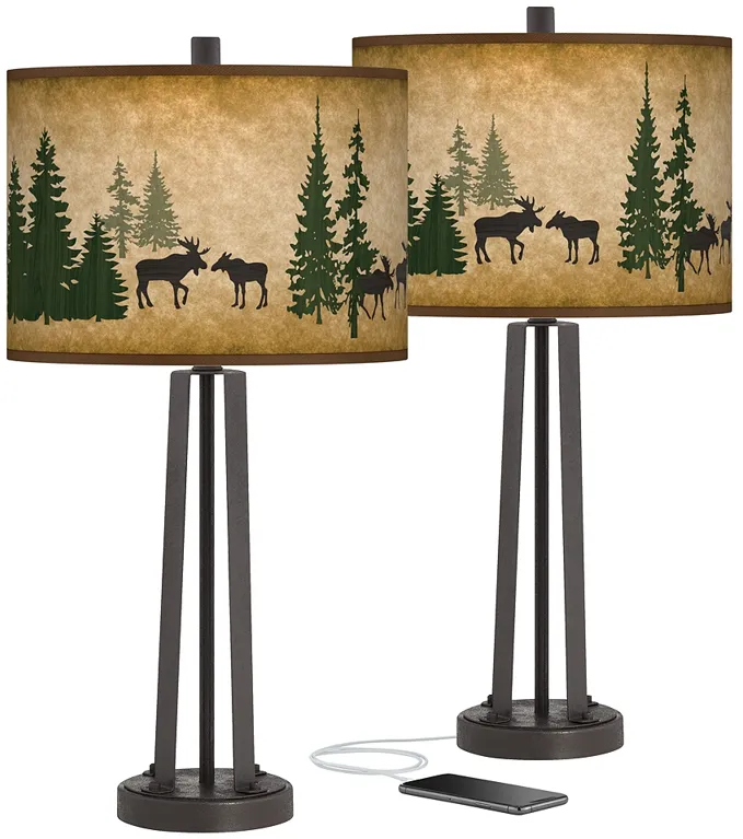 Moose Lodge Susan Dark Bronze USB Table Lamps Set of 2