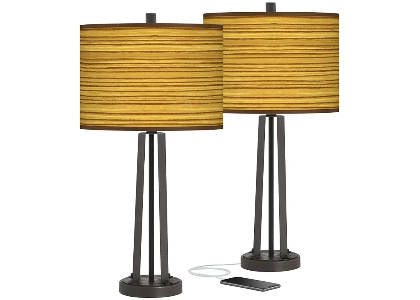 Tawny Zebrawood Susan Dark Bronze USB Table Lamps Set of 2