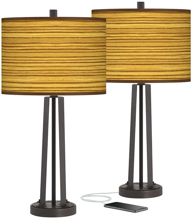 Tawny Zebrawood Susan Dark Bronze USB Table Lamps Set of 2