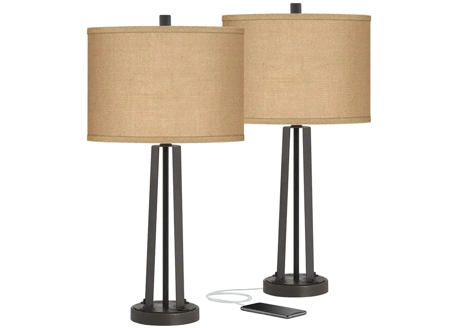 Possini Euro Woven Burlap Susan Dark Bronze USB Table Lamps Set of 2