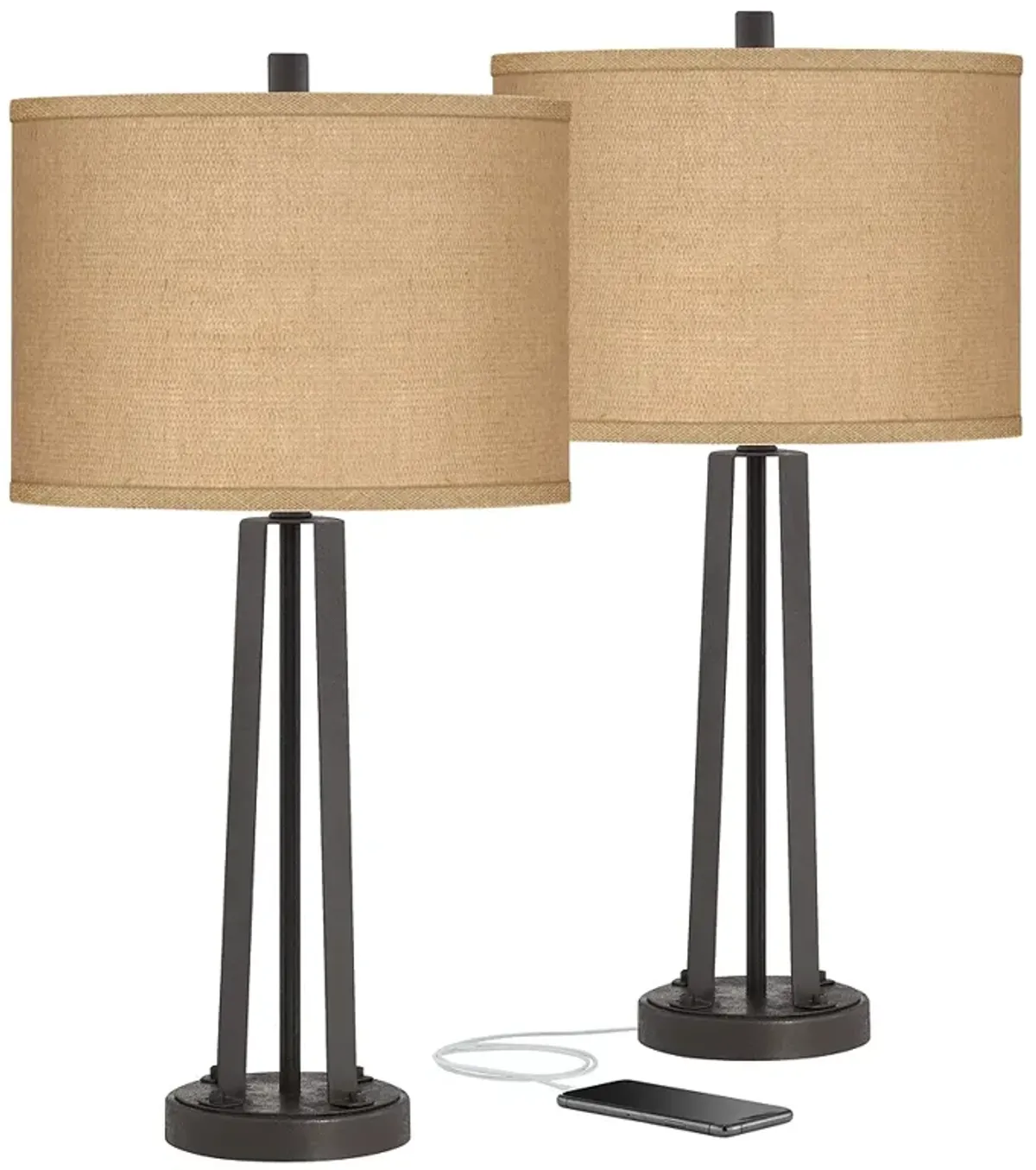 Possini Euro Woven Burlap Susan Dark Bronze USB Table Lamps Set of 2