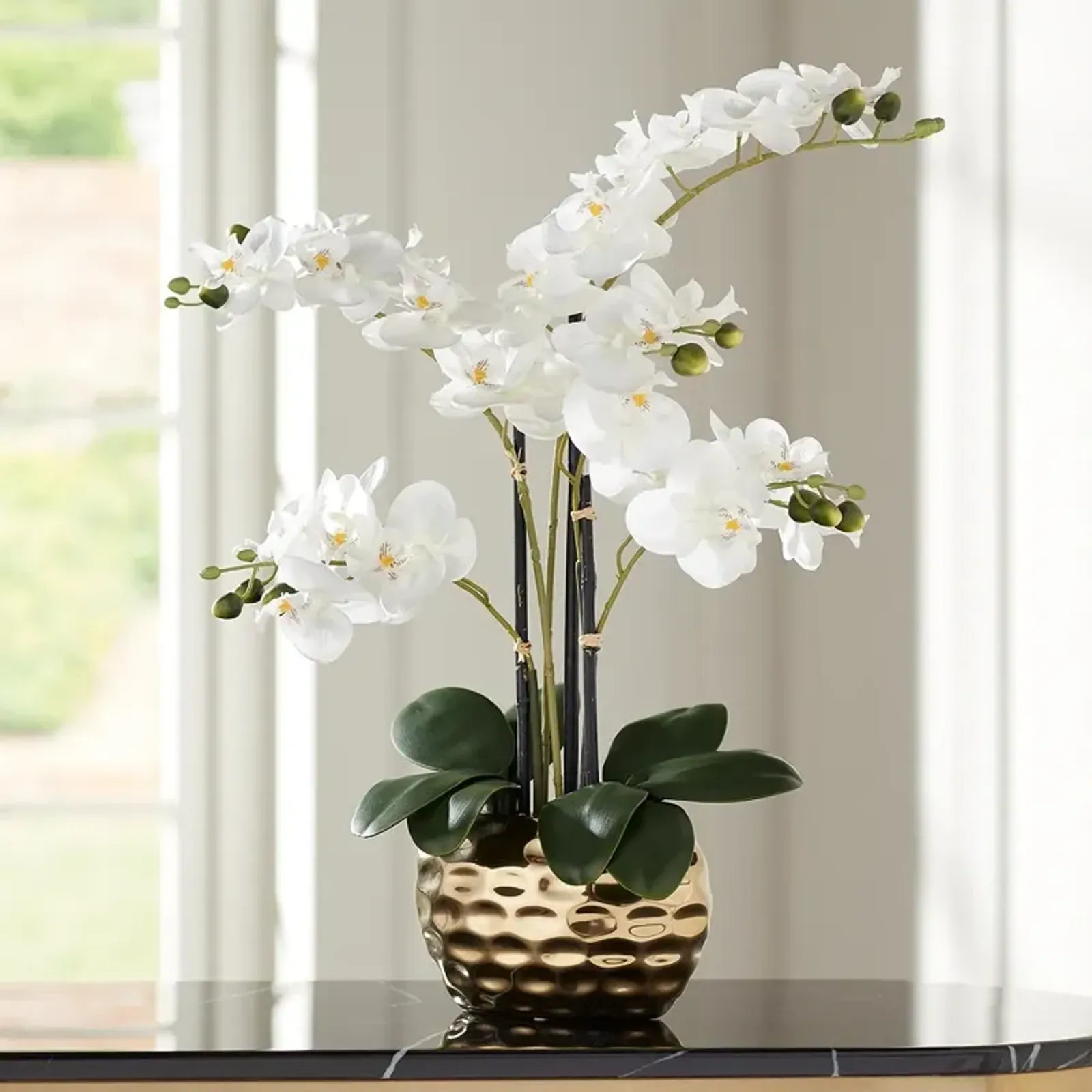 White Phalaenopsis 23"H Faux Orchid in Gold Ceramic Pot