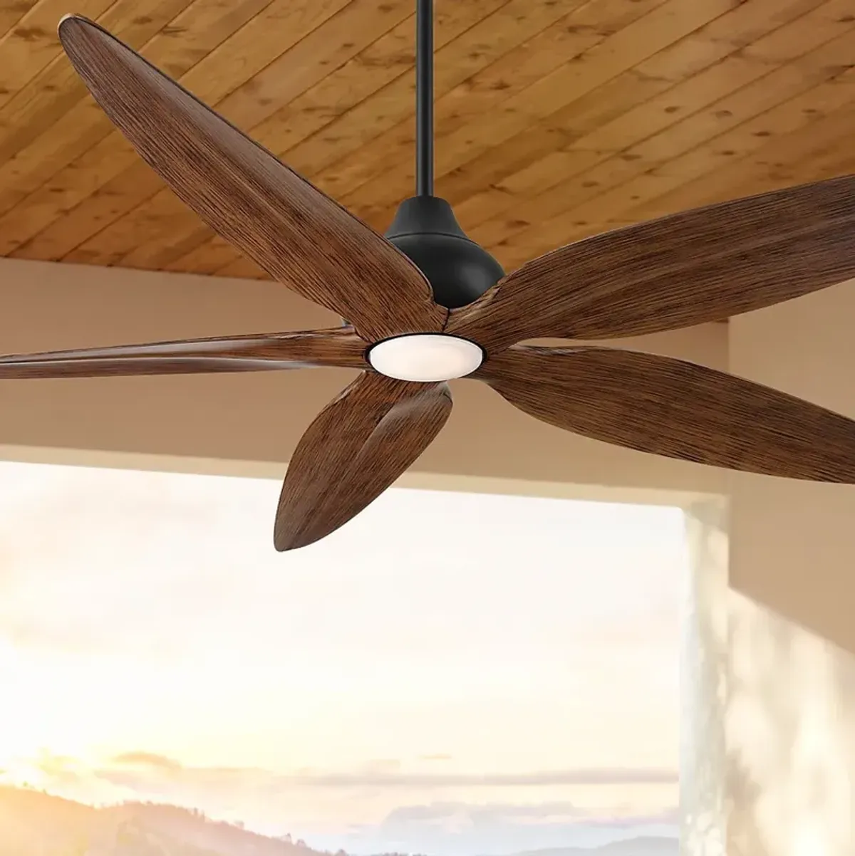 60" Casa Vieja Lotus Bay Black and Walnut Damp Remote LED Ceiling Fan