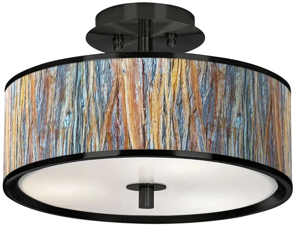 Giclee Glow 14" Wide Striking Bark Shade Black Drum Ceiling Light