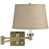 Burlap Drum Shade Antique Brass Plug-In Swing Arm Wall Lamp
