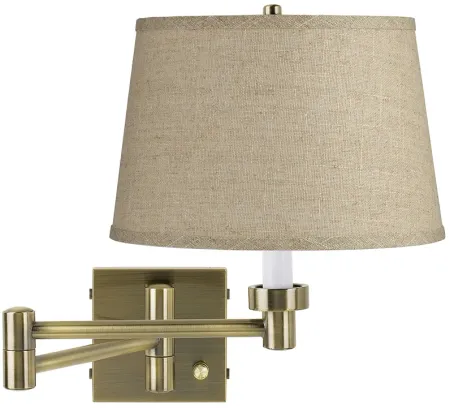 Barnes and Ivy Burlap Drum Shade Antique Brass Plug-In Swing Arm Wall Lamp