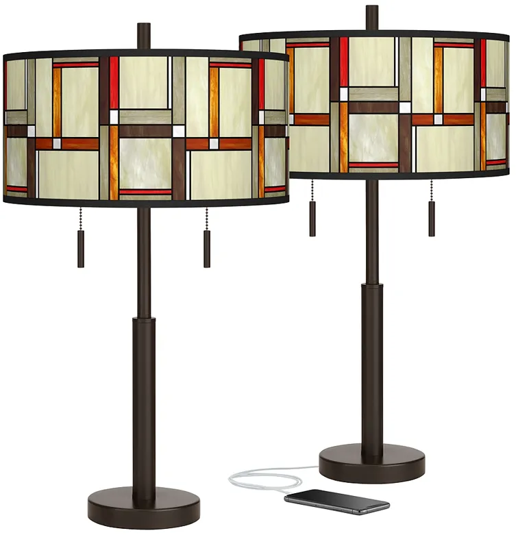Modern Squares Robbie Bronze USB Table Lamps Set of 2