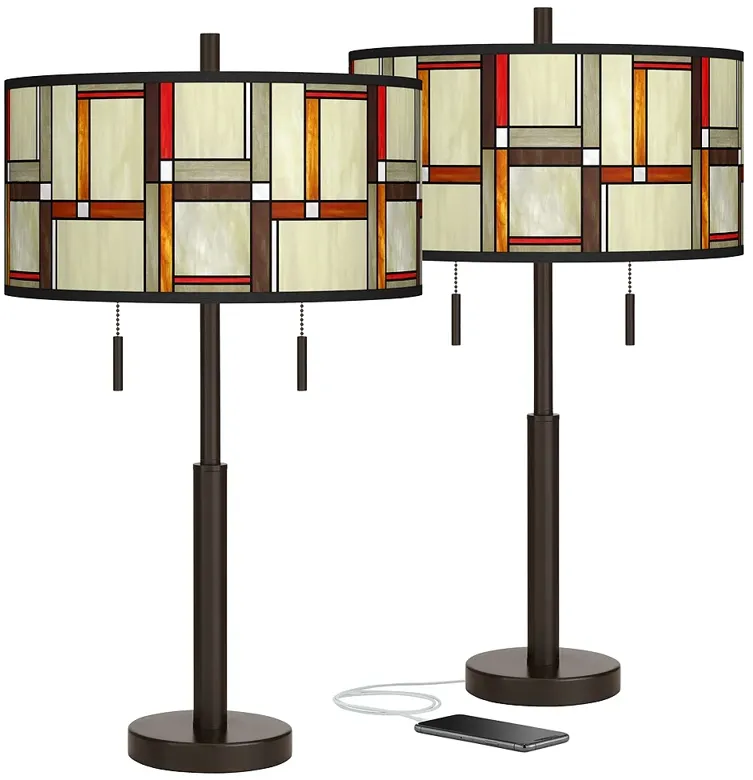 Modern Squares Robbie Bronze USB Table Lamps Set of 2