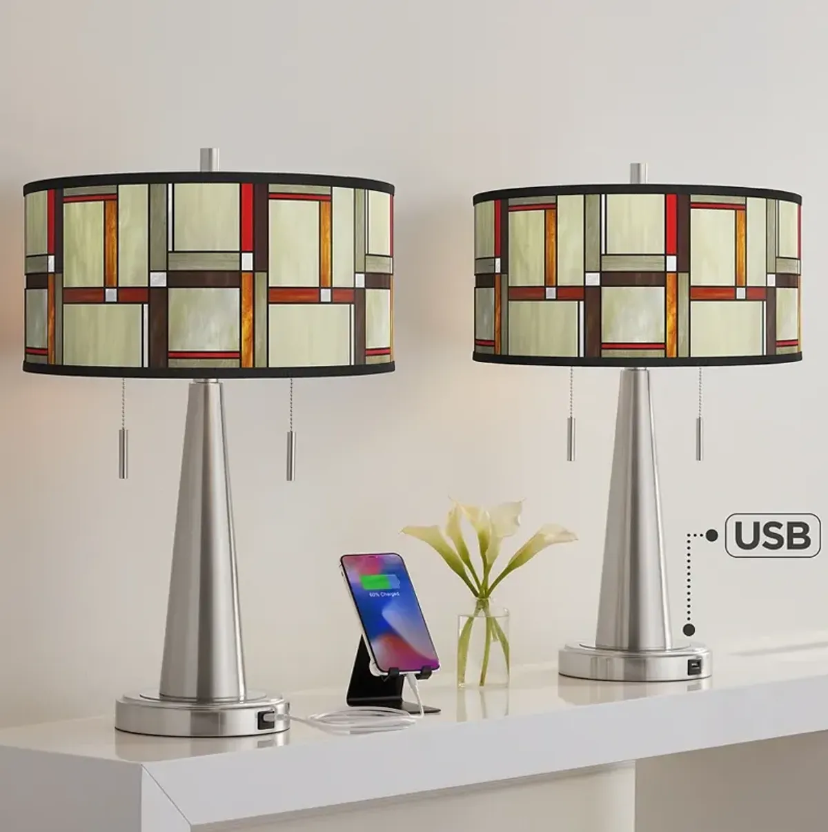 Modern Squares Vicki Brushed Nickel USB Table Lamps Set of 2