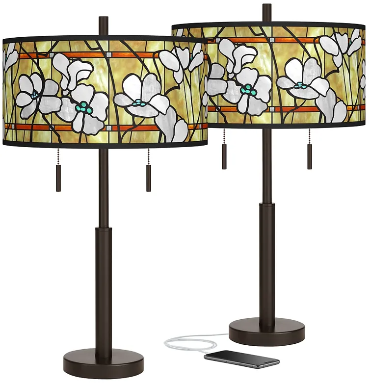 Magnolia Mosaic Robbie Bronze USB Table Lamps Set of 2
