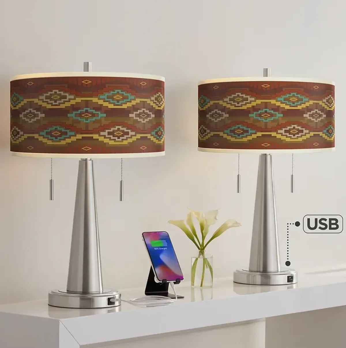 Southwest Sienna Vicki Brushed Nickel USB Table Lamps Set of 2