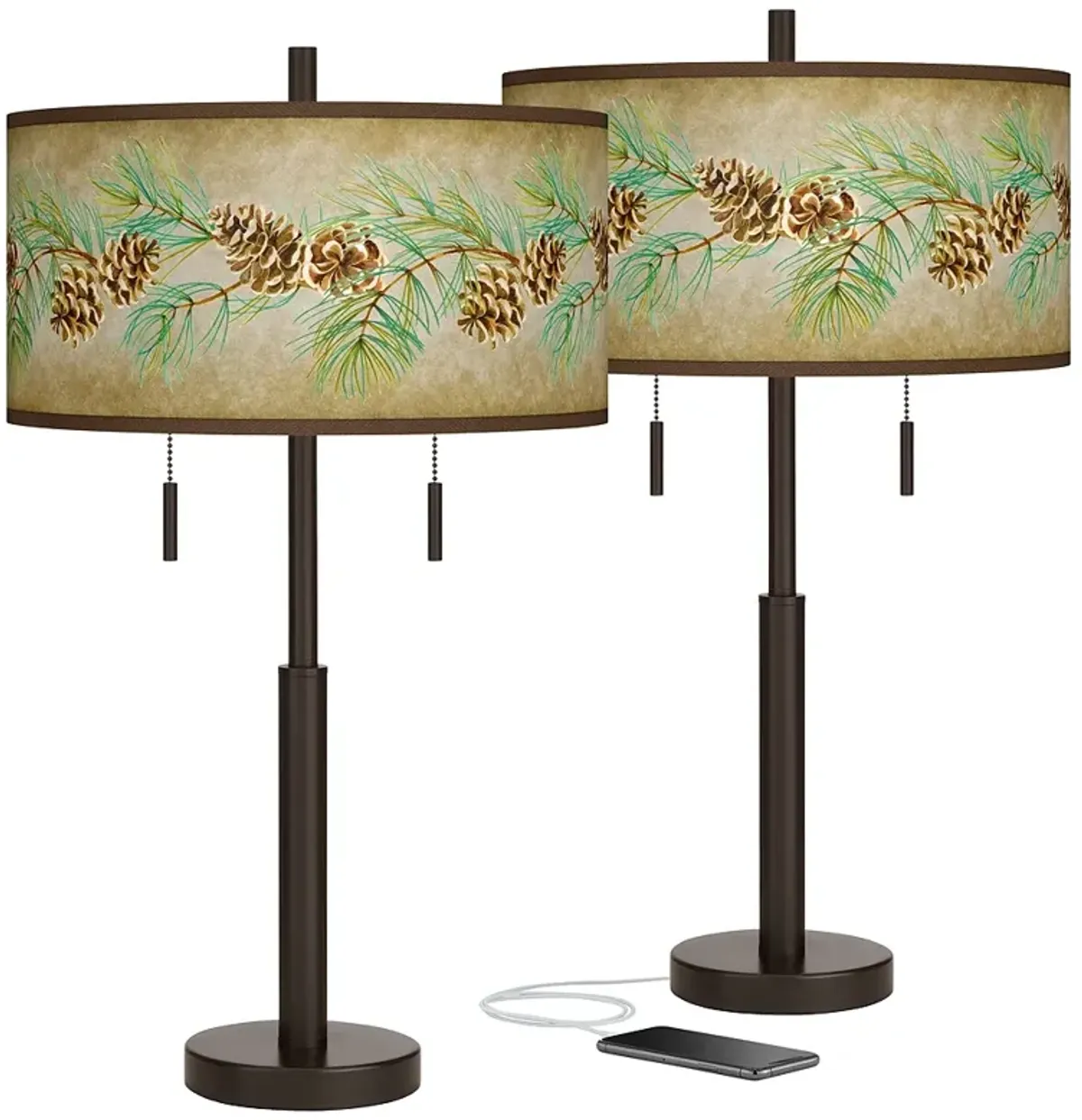 Pine Cone Branch Bronze USB Table Lamps Set of 2