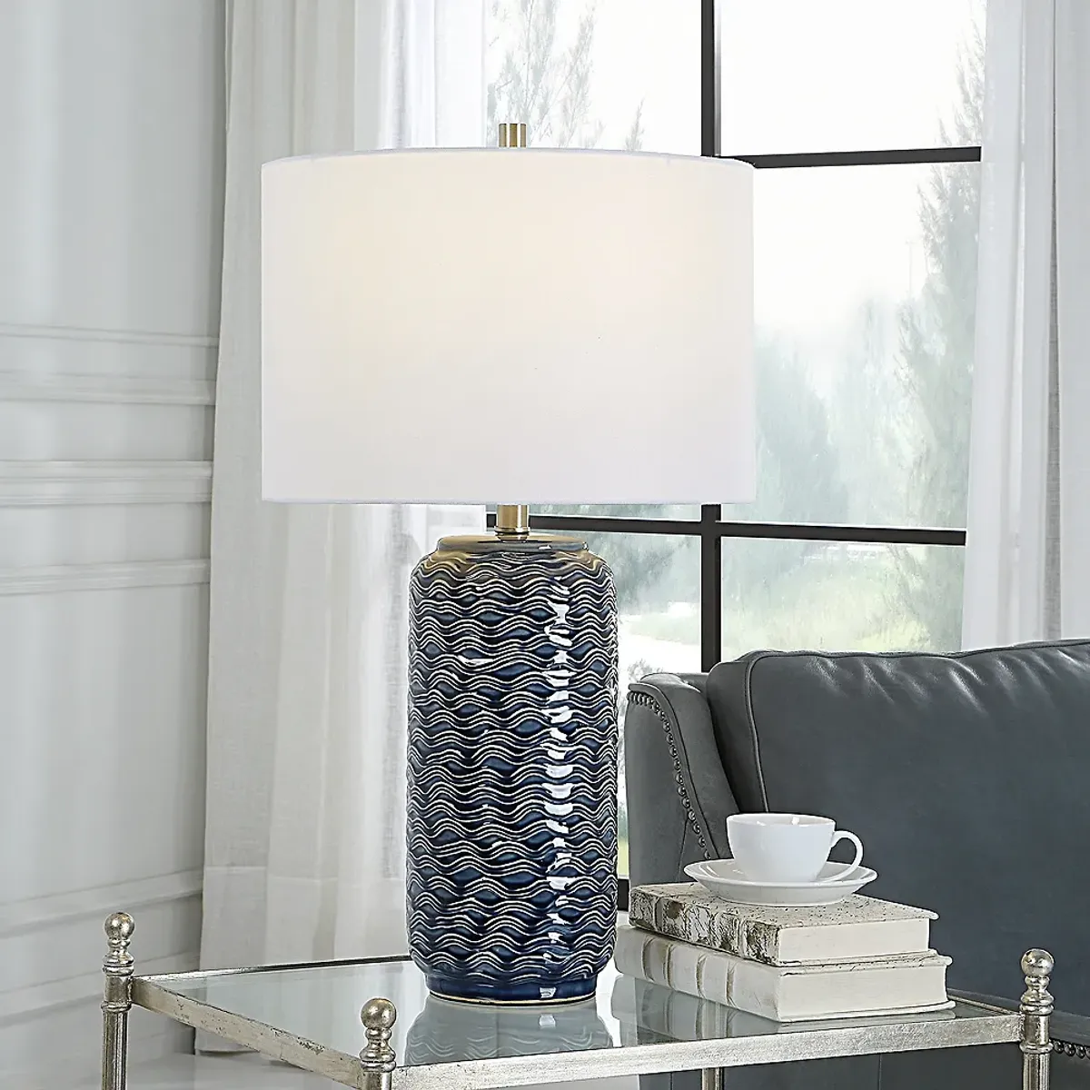 Noble Park Ami Blue Wavy Ceramic Table Lamp