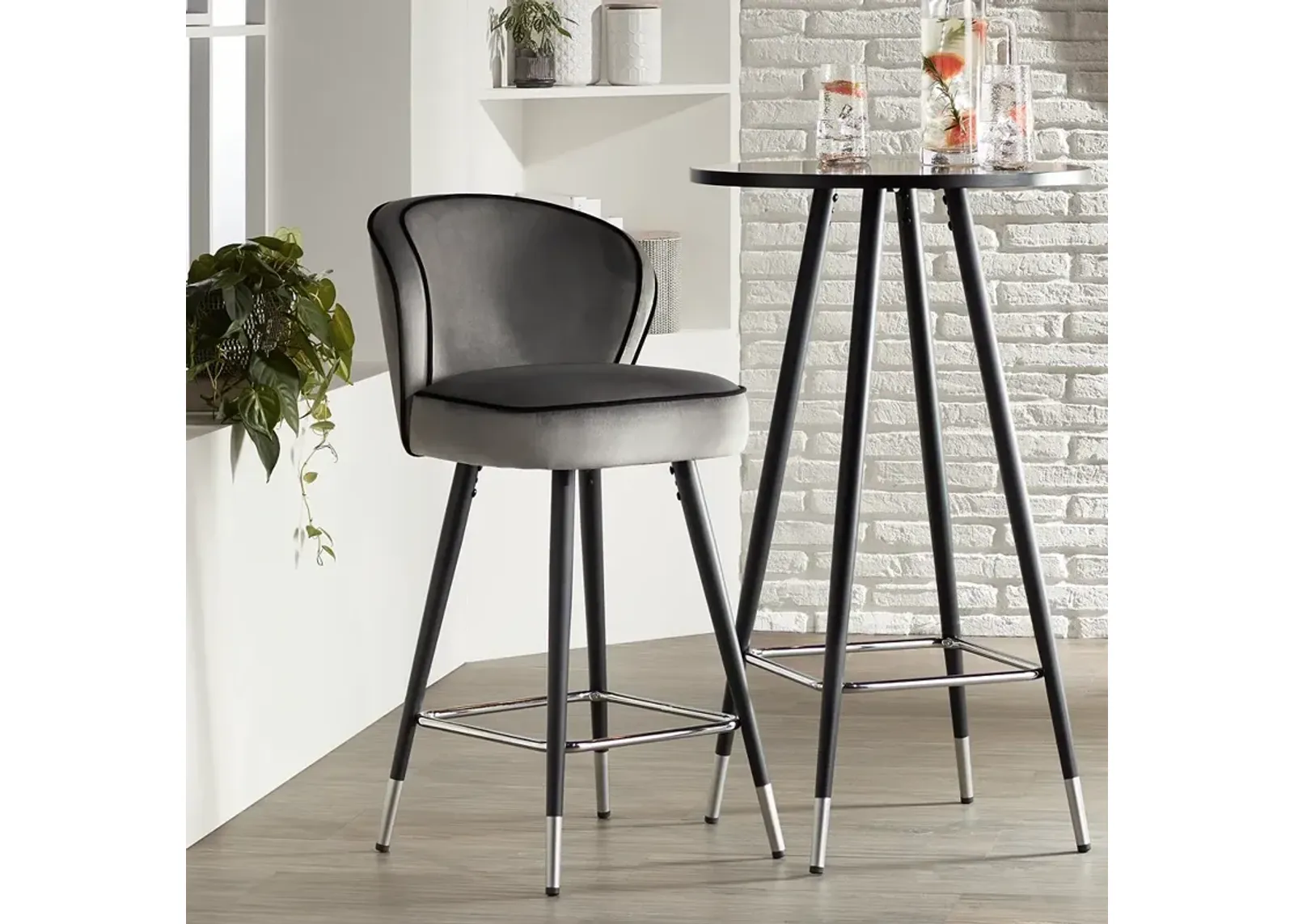 Elba 27 3/4" Gray Velvet with Black Piping Counter Stool