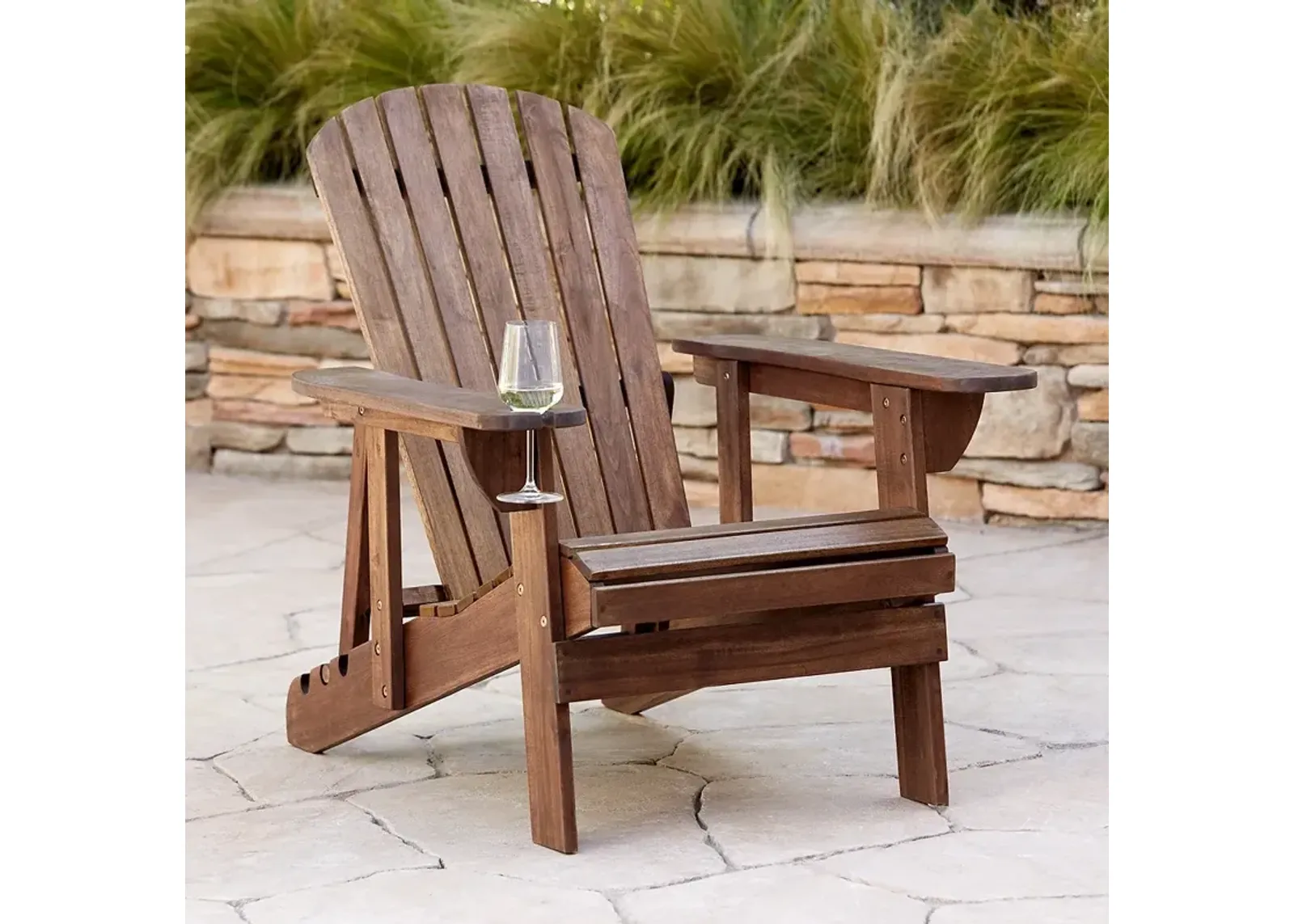 Kava Dark Brown Wood Outdoor Adirondack Chair with Wine Holder