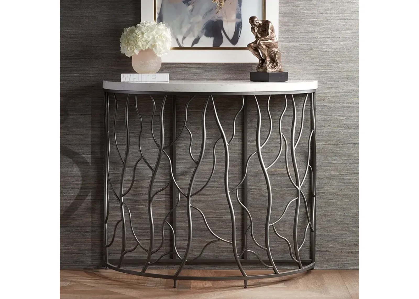 Twilight Faux Marble Top Bronze Demilune Console Table