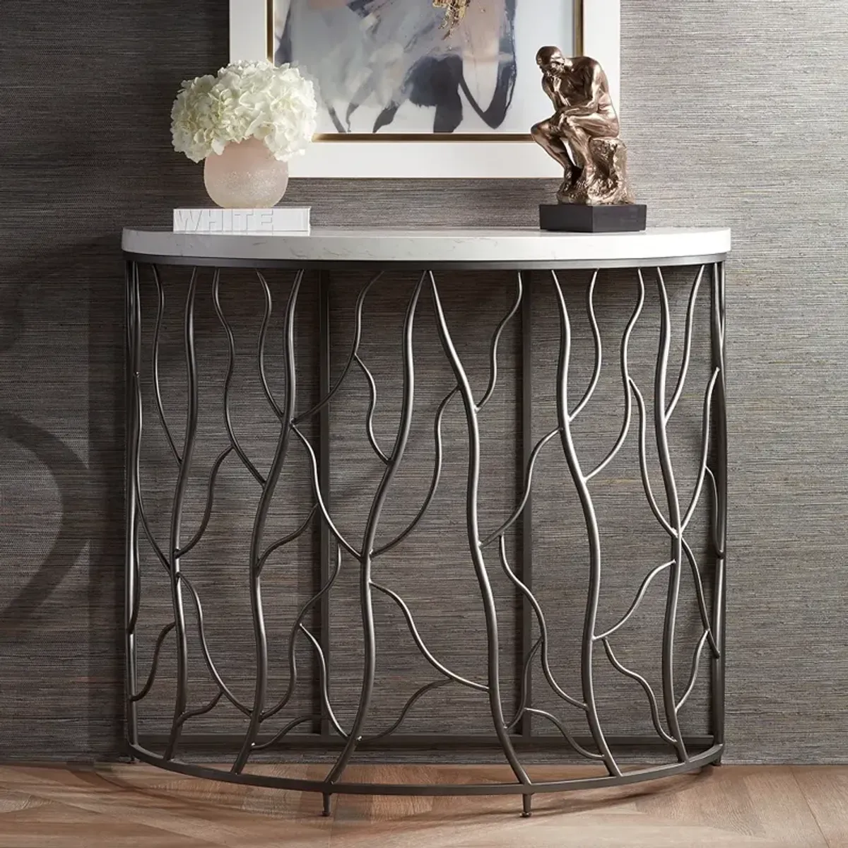 Twilight Faux Marble Top Bronze Demilune Console Table