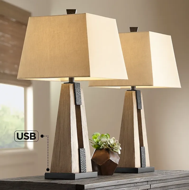 John Timberland Mitchell 27" Rustic Column USB Table Lamps Set of 2