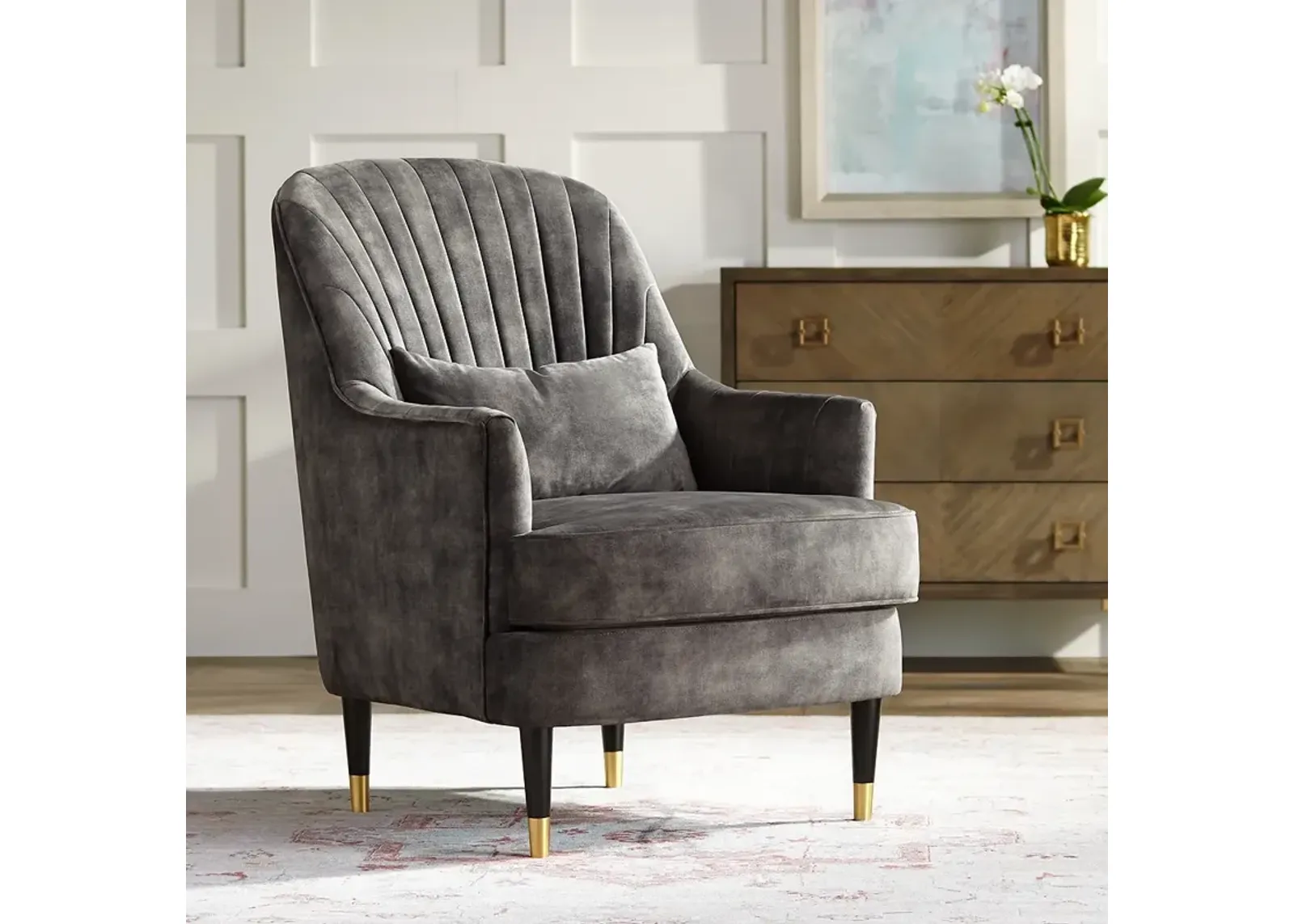 Austen Charcoal Gray Velvet Tufted Armchair with Pillow