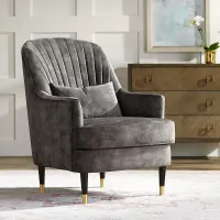 Austen Charcoal Gray Velvet Tufted Armchair with Pillow