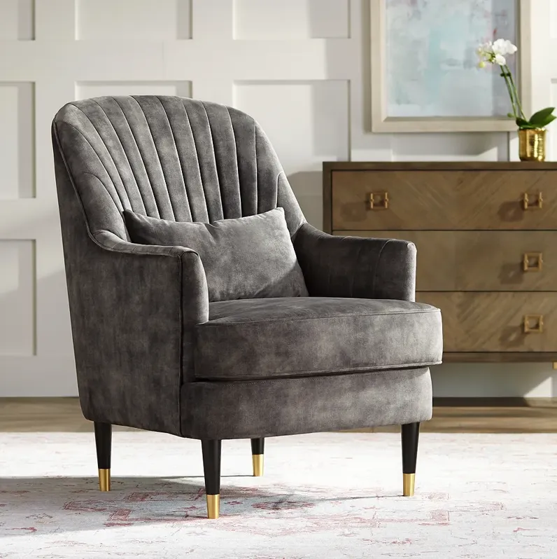 Austen Charcoal Gray Velvet Tufted Armchair with Pillow