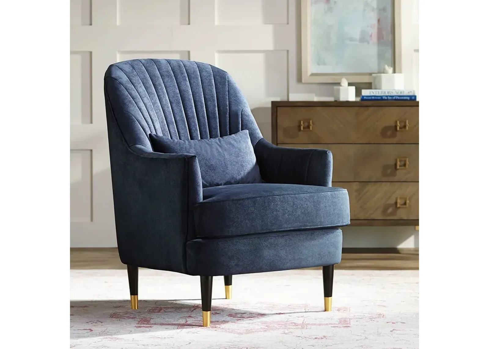 Austen Navy Velvet Tufted Armchair with Pillow