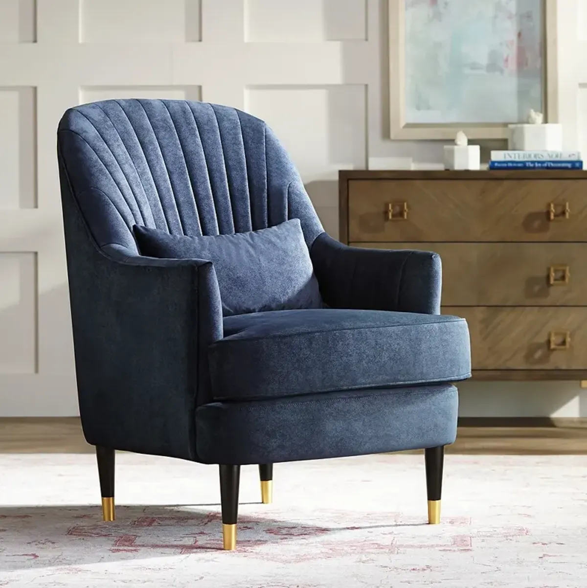 Austen Navy Velvet Tufted Armchair with Pillow