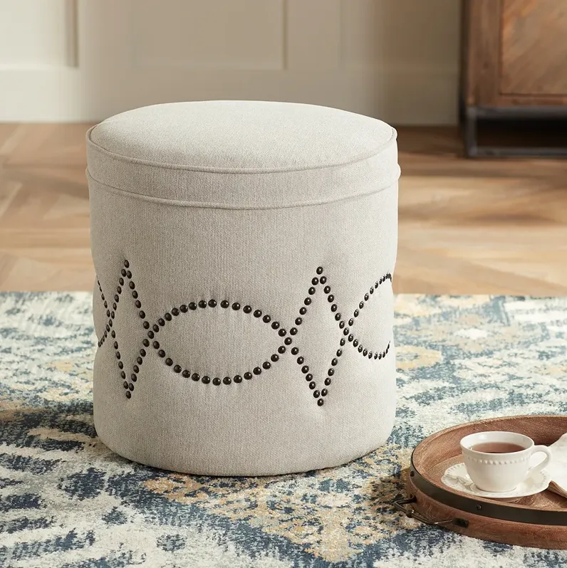 Iriza Oatmeal Nailhead Round Ottoman