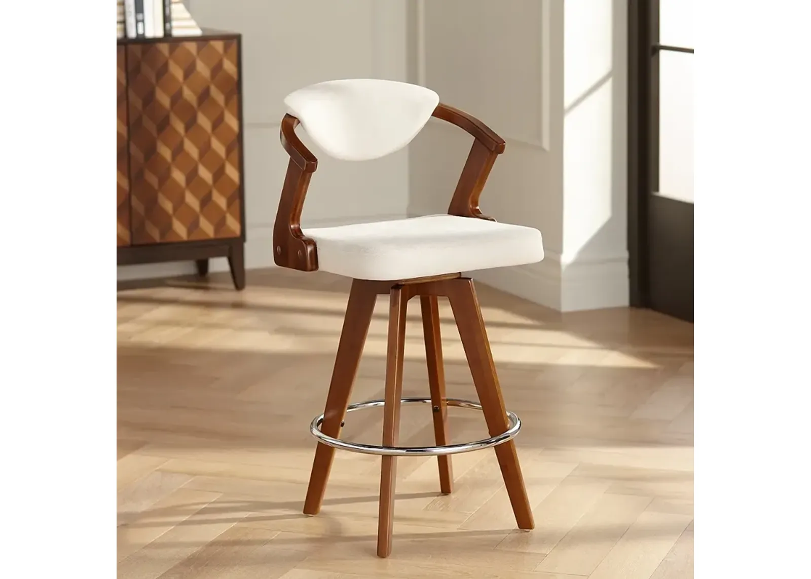 Rossa 26 1/2" High Ivory Fabric and Walnut Modern Swivel Counter Stool