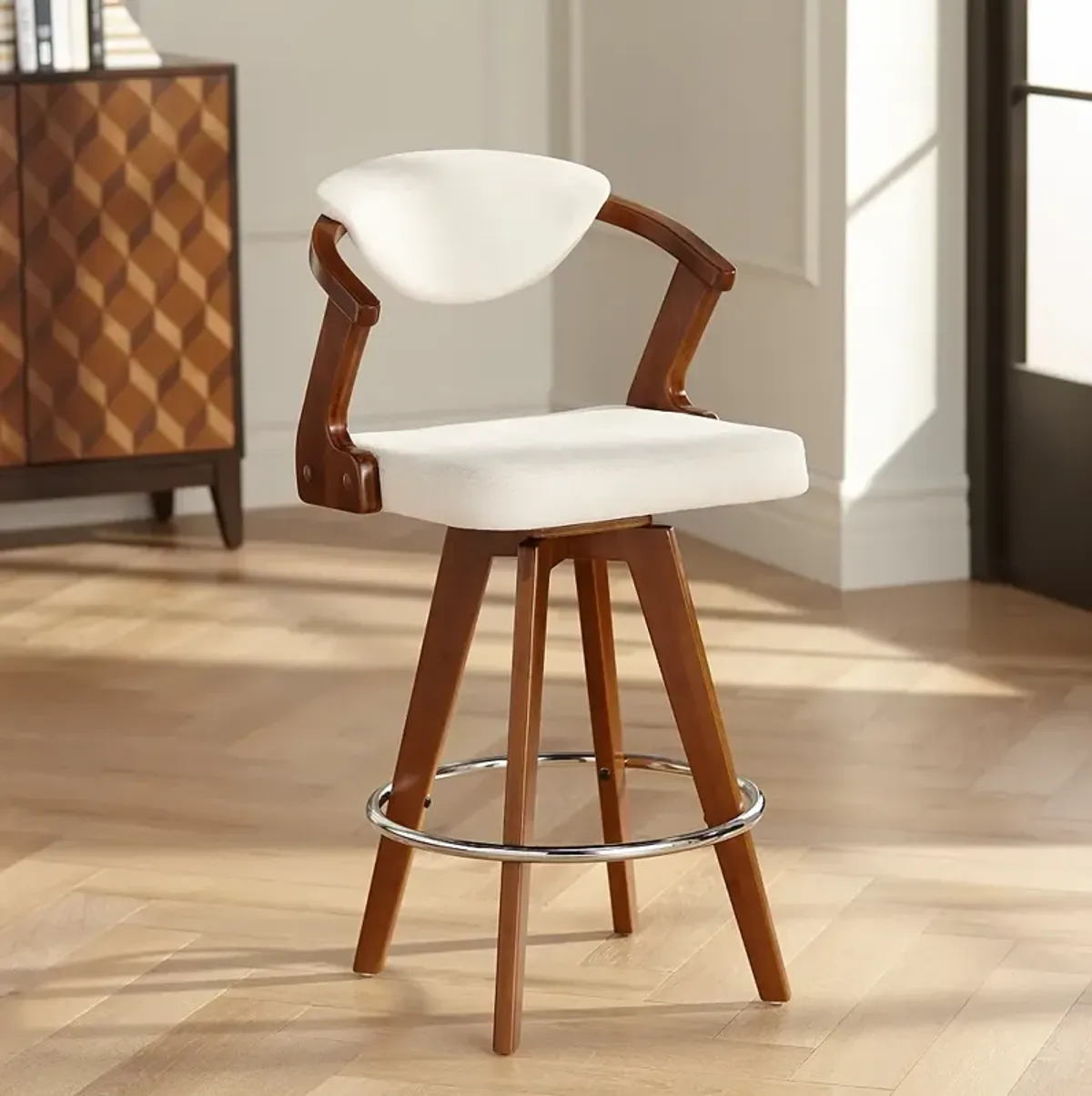 Rossa 26 1/2" High Ivory Fabric and Walnut Modern Swivel Counter Stool