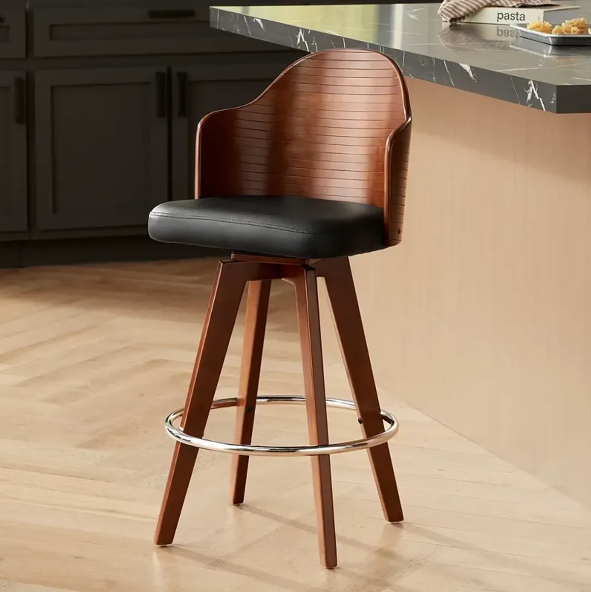 Studio 55D Darnton 26 1/2" Black Faux Leather Swivel Counter Stool