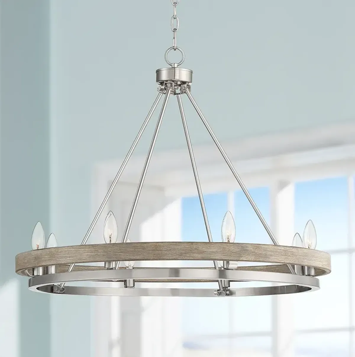 Possini Euro Lora 29 1/4" Nickel Gray Wood 8-Light Ring Chandelier