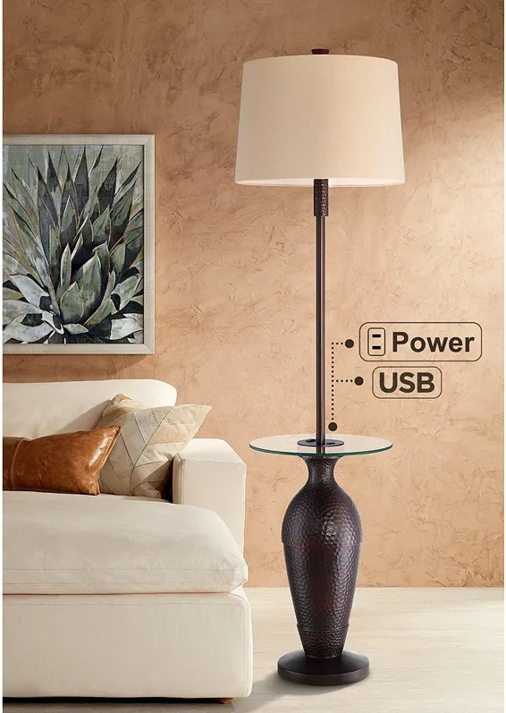 Regency Hill Fallon 66" Bronze USB and Outlet Tray Table Floor Lamp