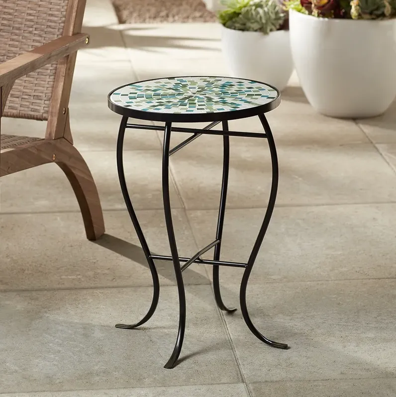 Aqua Mosaic Black Iron Outdoor Accent Table