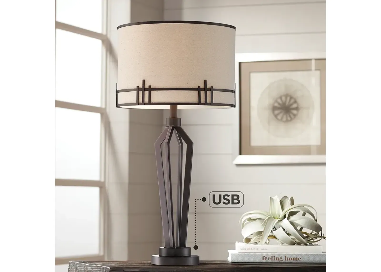 Franklin Iron Works Picket 28" Open Base Bronze USB Table Lamp