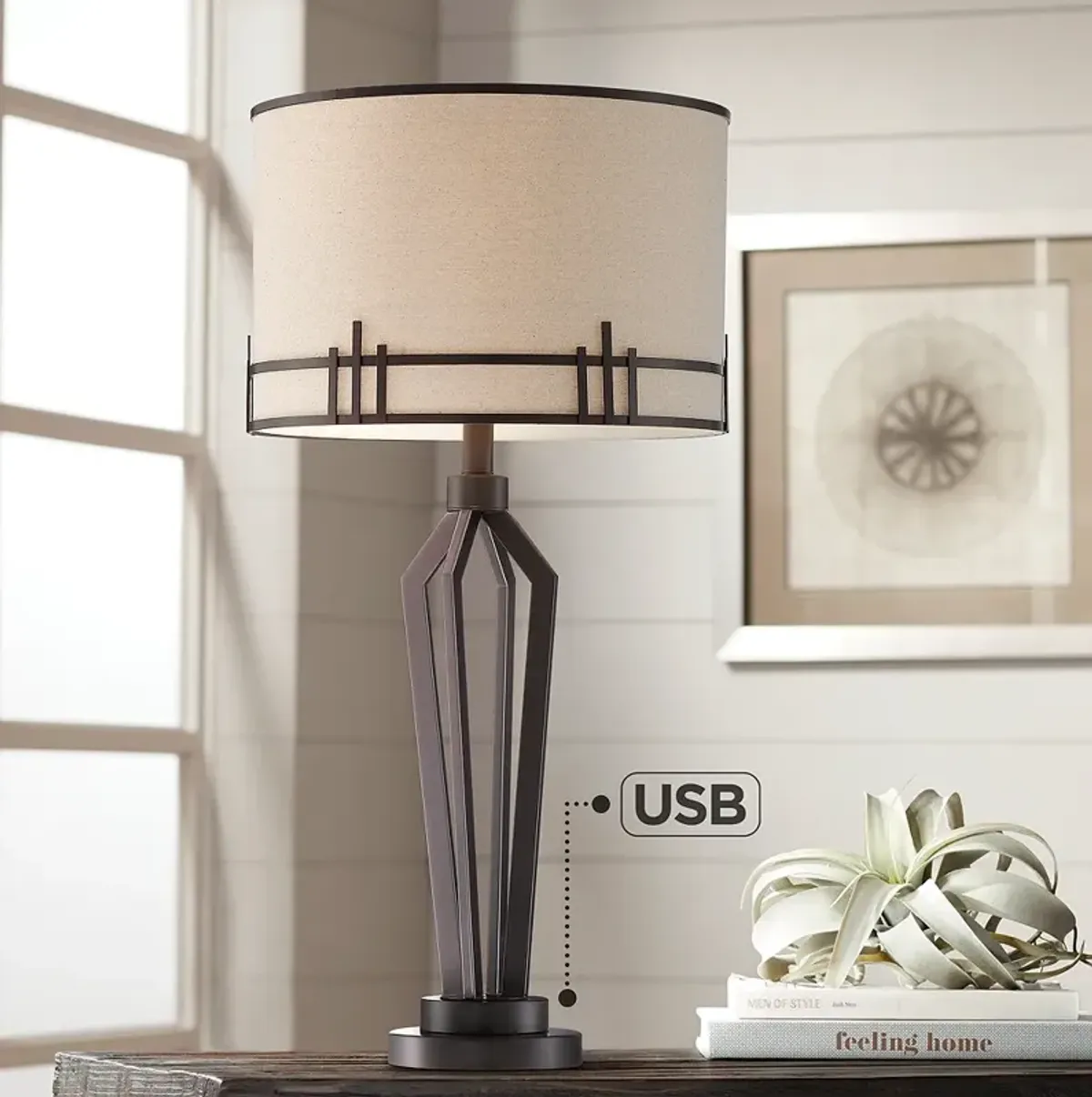 Franklin Iron Works Picket 28" Open Base Bronze USB Table Lamp