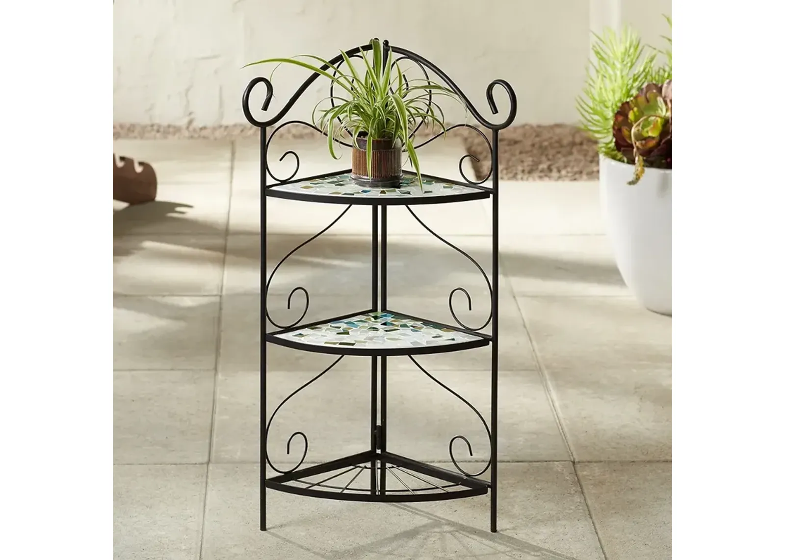 Aqua Mosaic 30" High Black Iron Three Shelf Plant Stand