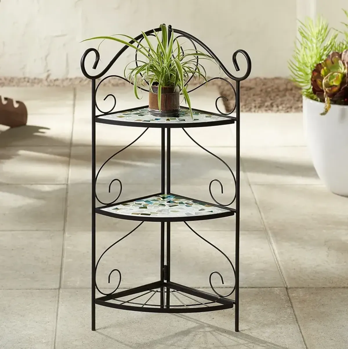 Aqua Mosaic 30" High Black Iron Three Shelf Plant Stand