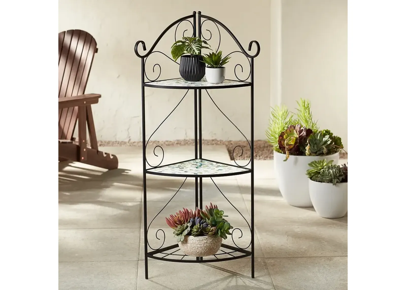 Aqua Mosaic 47" High Black Iron Three Shelf Plant Stand