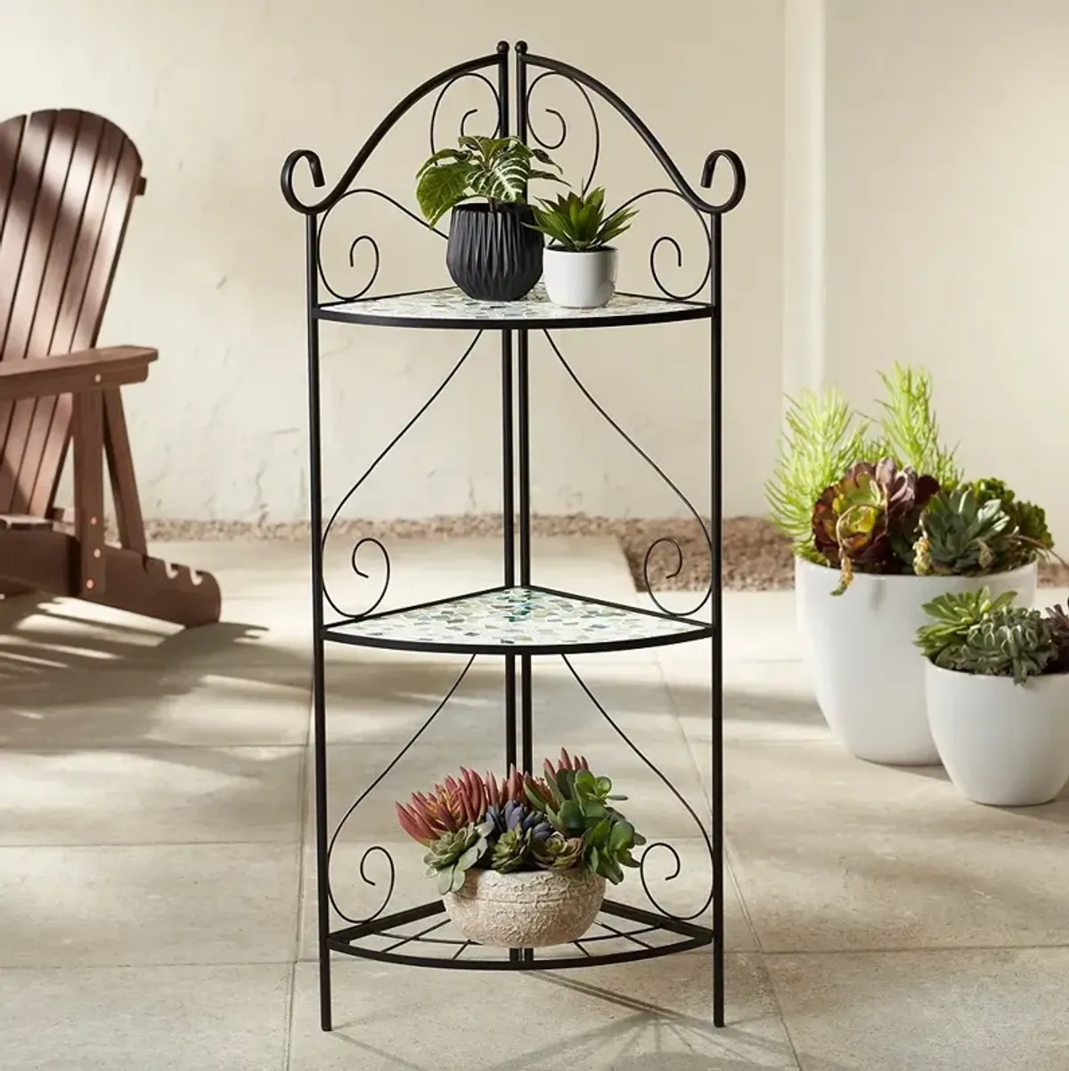 Aqua Mosaic 47" High Black Iron Three Shelf Plant Stand