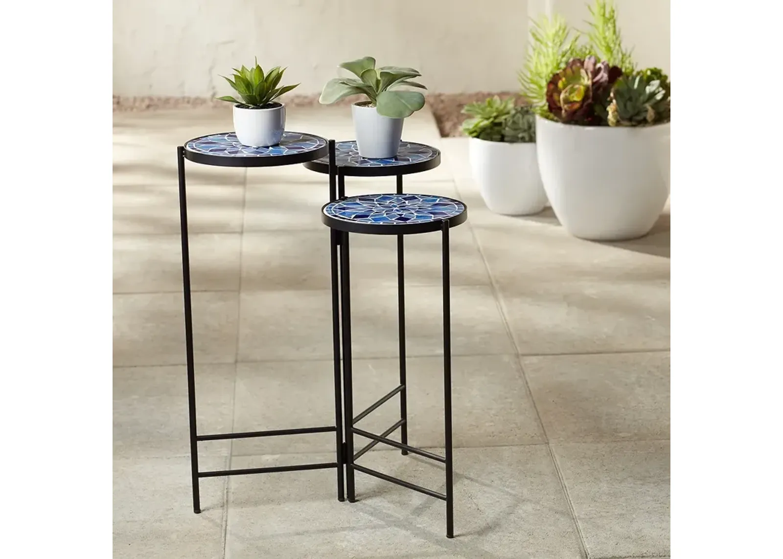 Blue Mosaic Black Iron Set of 3 Accent Tables