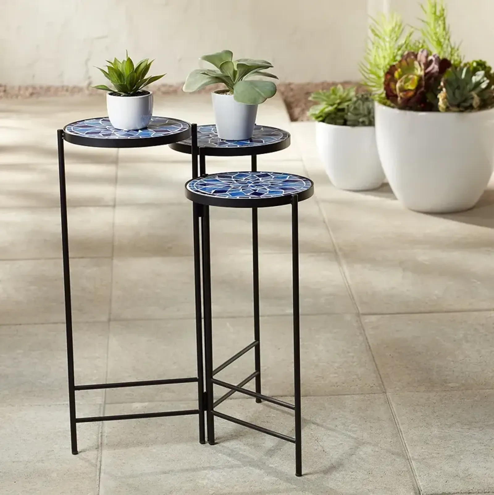 Blue Mosaic Black Iron Set of 3 Accent Tables