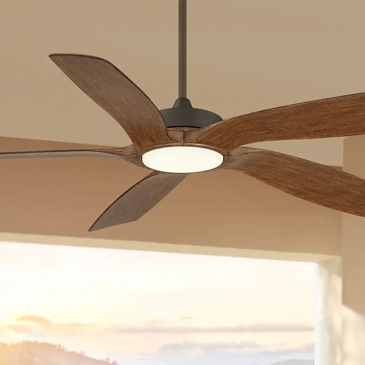 56" Mach 5 Oil-Rubbed Bronze and Koa LED Damp Ceiling Fan with Remote