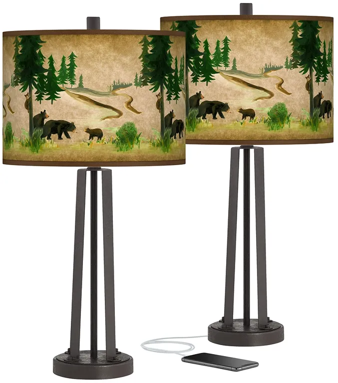 Bear Lodge Susan Dark Bronze USB Table Lamps Set of 2