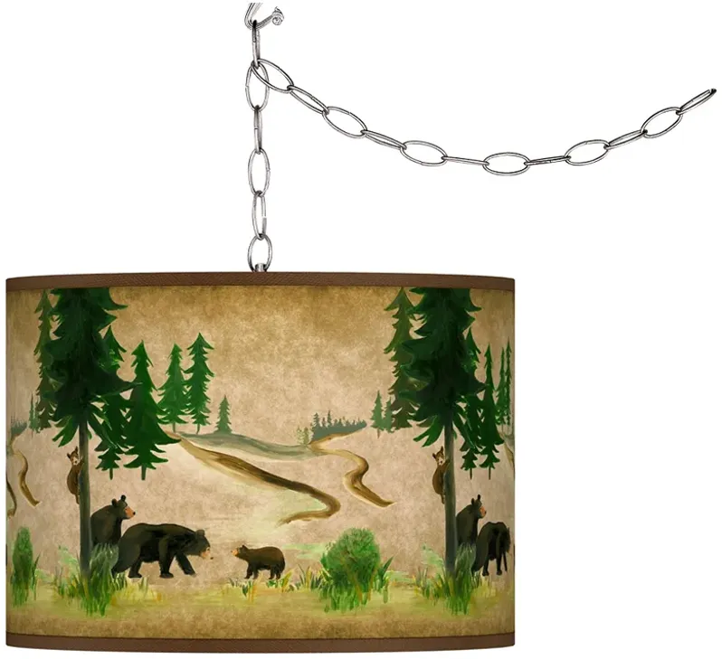 Swag Style Bear Lodge Giclee Shade Rustic Plug-In Chandelier