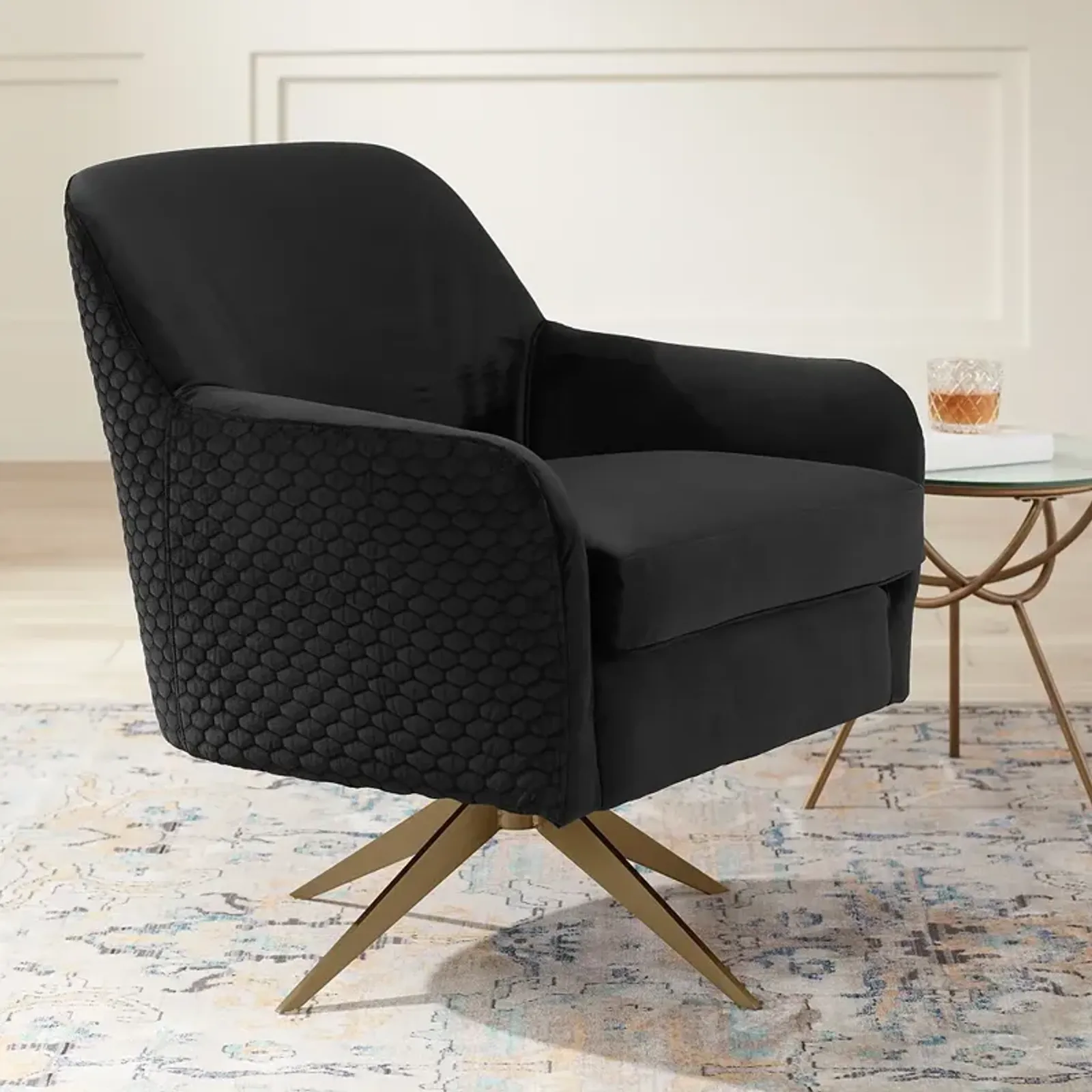 Ames Quilted Onyx Velvet Swivel Chair