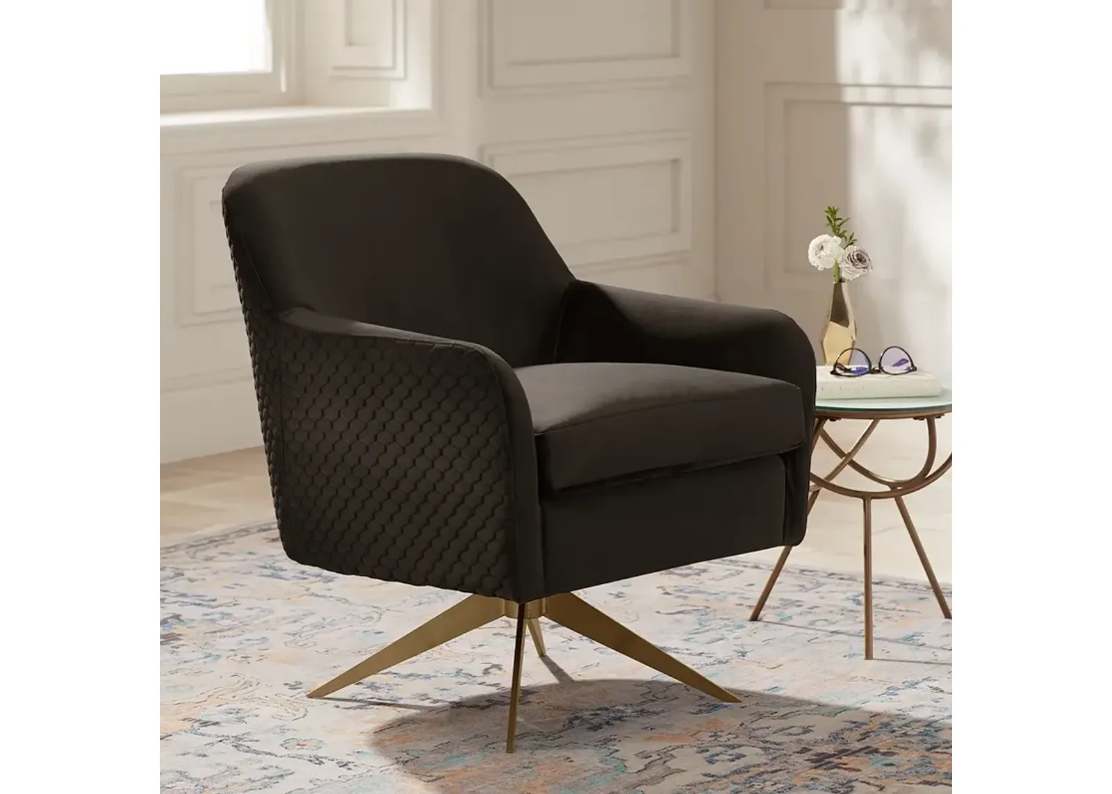 Ames Quilted Espresso Velvet Swivel Chair